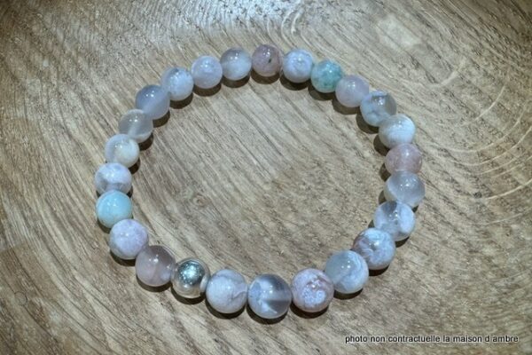 Bracelet Agate Fleur 8mm + Perle Argent 925mil