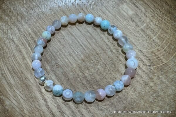 Bracelet Agate Fleur 6mm + Perle Argent 925mil