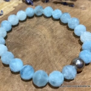 Bracelet Aigue-Marine Facetté 8mm + Perle Argent 925mil